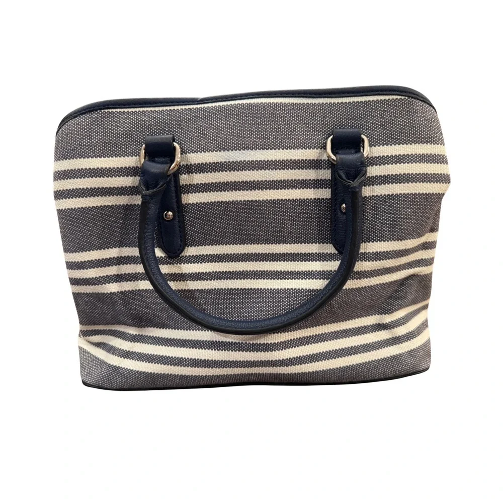 Kate Spade New York Navy White Striped Canvas Satchel Handbag Leather Trim